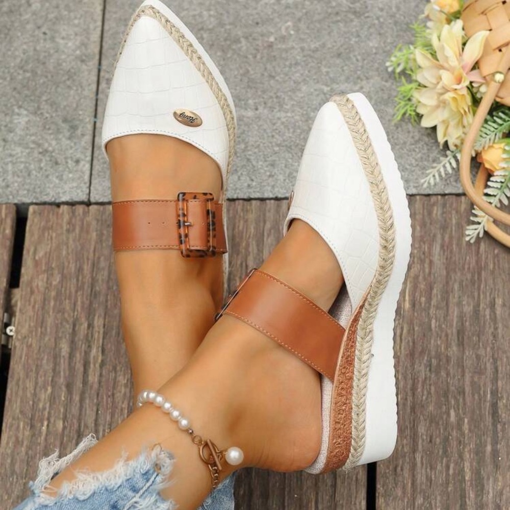 Rebellious Rose White and Tan Wedge Mules with Buckle - Picture 3 of 6